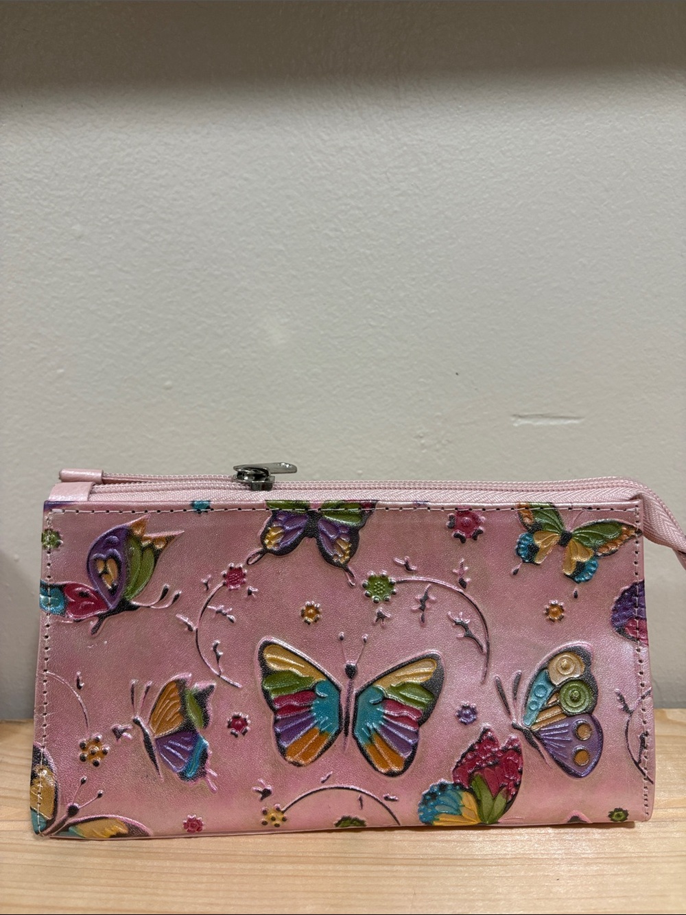 Pink Butterfly Embossed Leather Zip Wallet